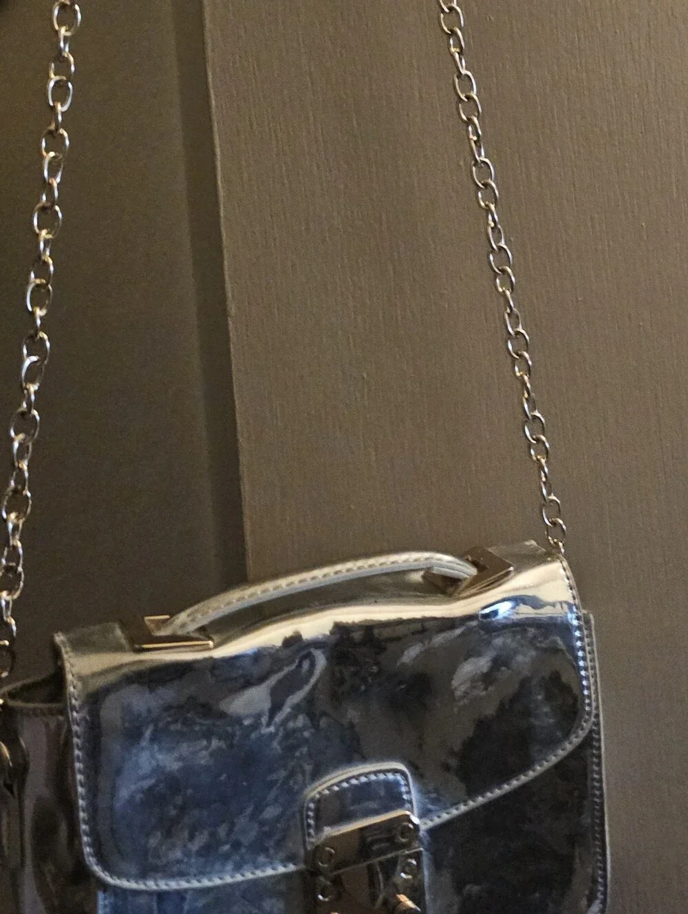 Silver Metallic Crossbody Bag with Chain Strap
